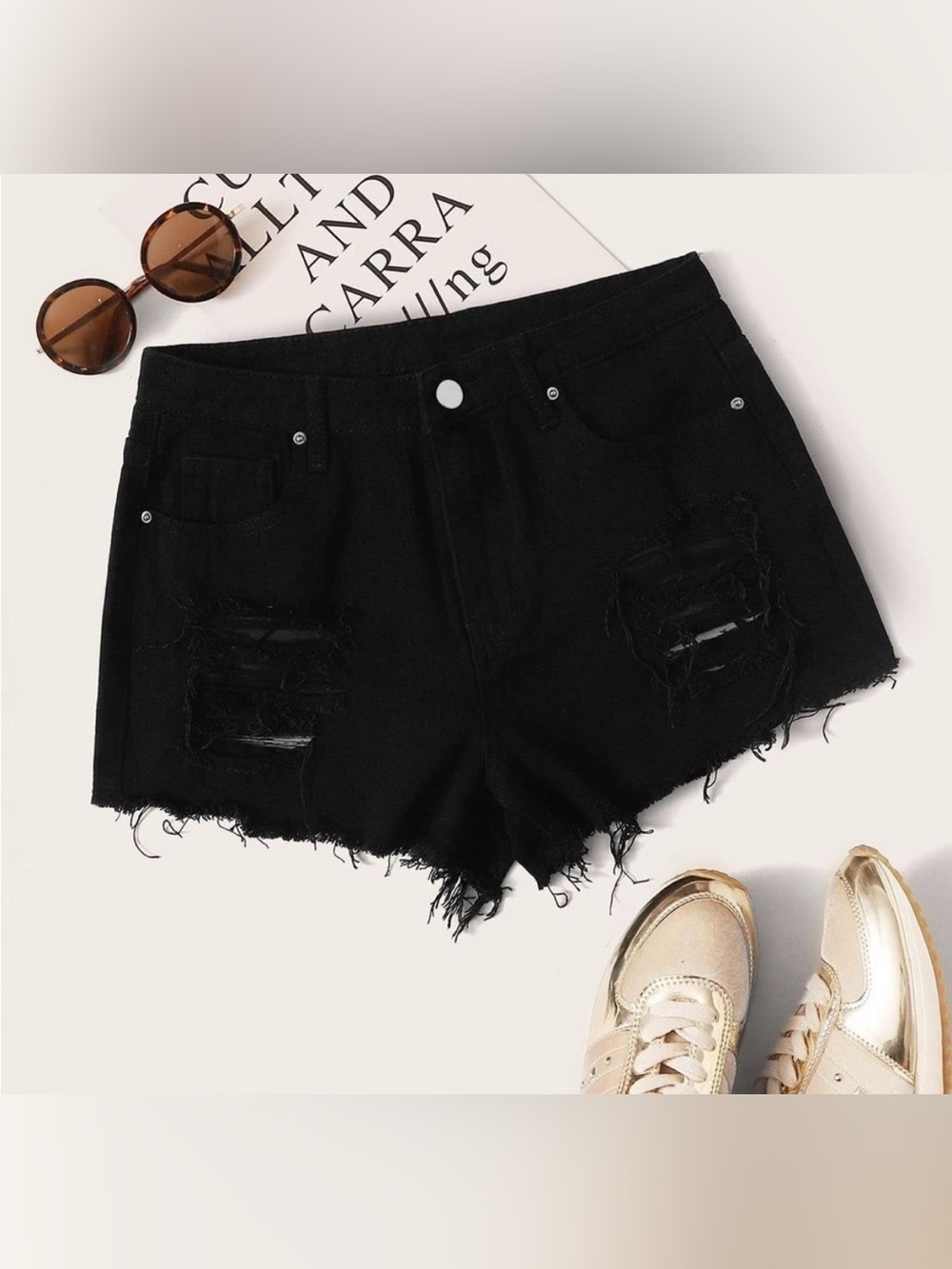 SHEIN Black Ripped Raw Hem High Rise Denim Shorts Womens Size 2XL Grunge Emo